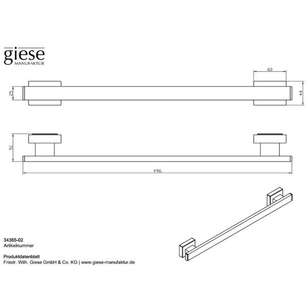 Handtuchhalter MC L = 495 mm eckig mit Magnetbefestigung für