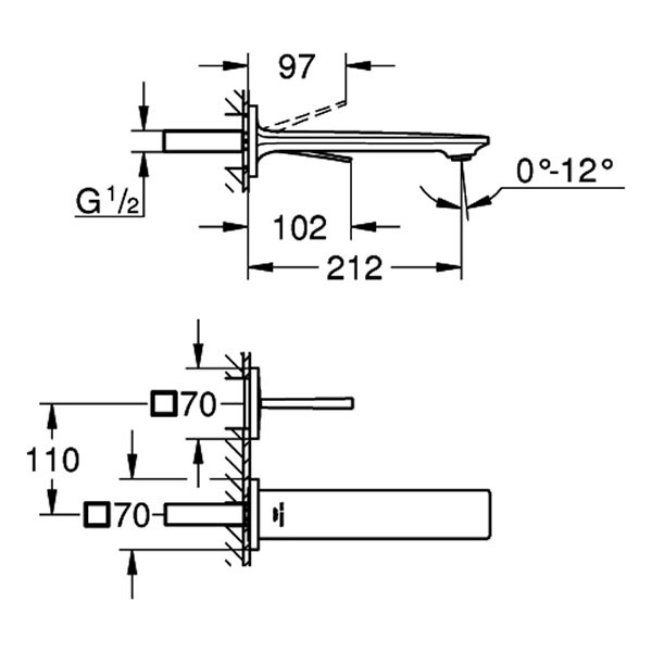 GROHE 2-L-WT-Wandbatterie Allure 19386_2 FMS für 23429 Ausl. 212mm satin steel