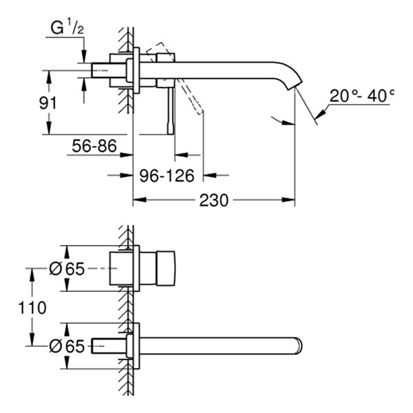 GROHE 2-Loch-WT-Wandbatterie Essence 29193_1 FMS Ausladung 230mm chrom