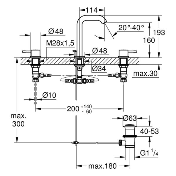 GROHE 3-L-EH-Waschtischbatterie Essence 20296_1 Zugst.-Ablaufgarnitur supersteel
