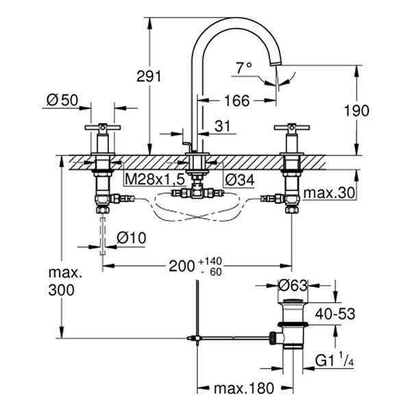 GROHE 3-Loch-WT-Batterie Atrio 20643 Rohrauslauf Kreuz-Griff warm sunset