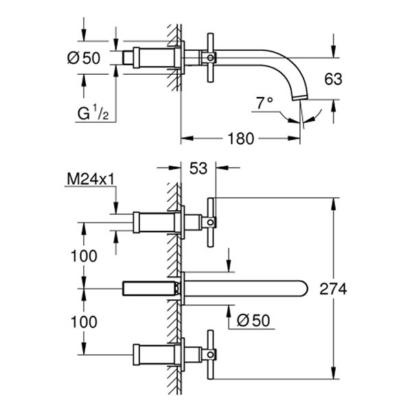 GROHE 3-Loch-WT-Batterie Atrio 20661 FMS Kreuz-Griff cool sunrise