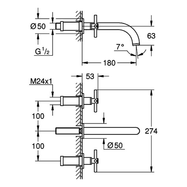 GROHE 3-Loch-WT-Batterie Atrio 20661 FMS Kreuz-Griff satin graphite