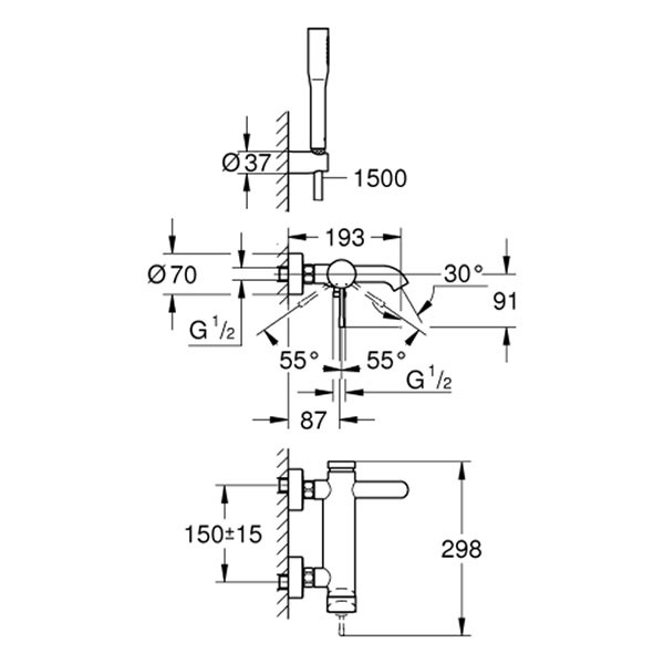 GROHE EH-Wannenbatterie Essence 25249_1 mit Brausegarnitur chrom