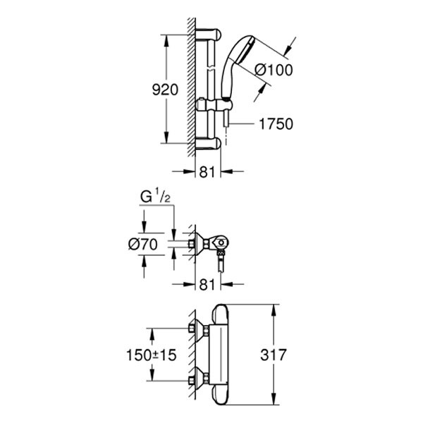 GROHE THM-Brausebatterie Grohtherm 1000 34824_4 mit Brausegarnitur 900mm chrom