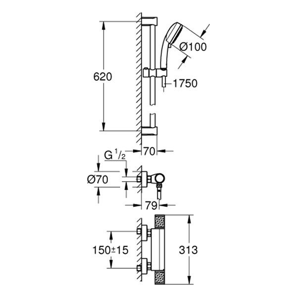 GROHE THM-Brausebatterie Grohtherm 1000 Performance 34834 Brausegrt. 600mm chrom