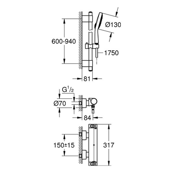 GROHE THM-Brausebatterie Grohtherm 2000 34482 m. Brausegarnitur Power&Soul chrom
