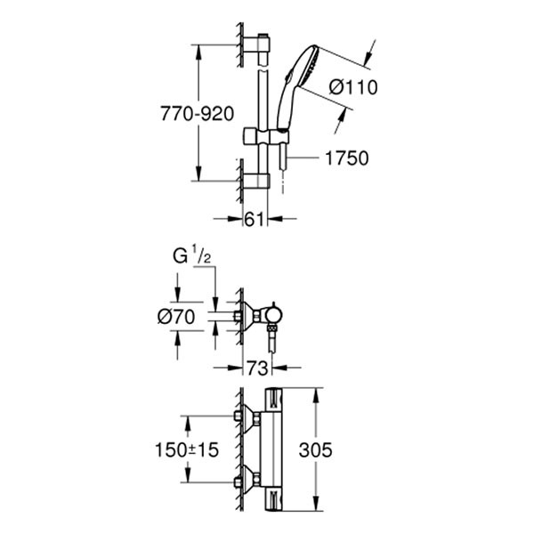 GROHE THM-Brausebatterie Grohtherm 800 34566_2 mit Brausegarnitur 900mm chrom