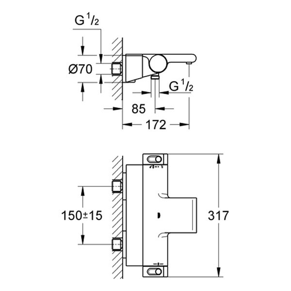 GROHE THM-Wannenbatterie Grohtherm 2000 34464 Wandmontage mit Ablage chrom