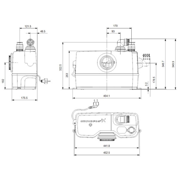 GRUNDFOS Kleinhebeanlage Sololift2 WC-1 0,6kW 230V 453x176x347mm