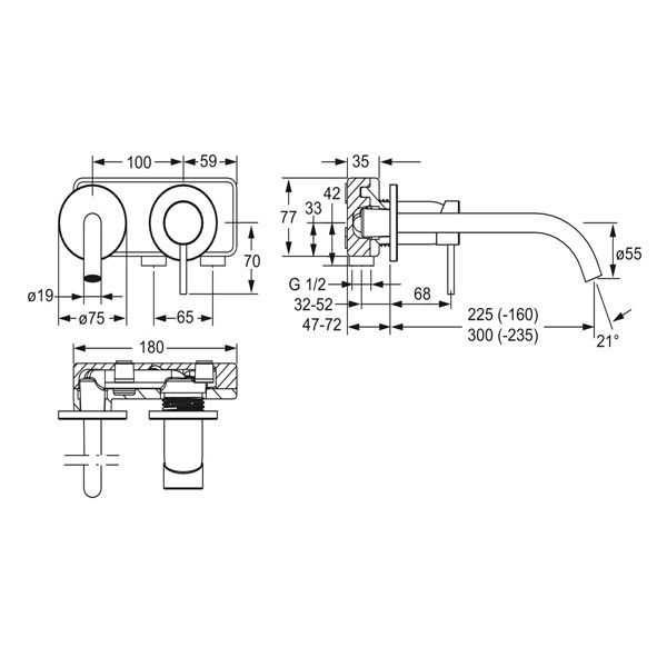 HA Waschtisch Wandbatterie 225 mm Hansapublic 5793 Fertigmont.-Set chrom