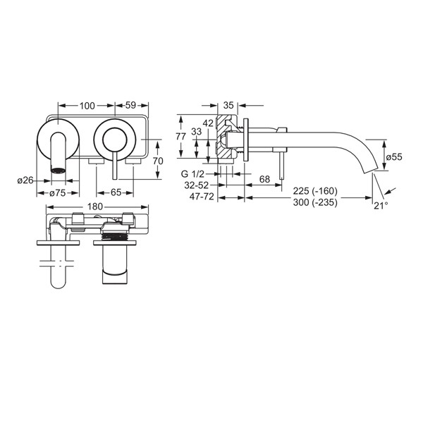 HA Waschtisch Wandbatterie 225 mm Hansapublic 5794 Fertigmont.-Set, chrom