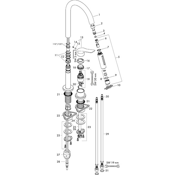 Hansgrohe 2-Loch Spültischmischer Axor Citterio M steel mit Ausziehbrause