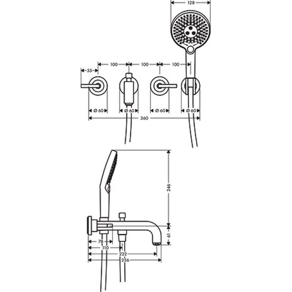 Hansgrohe 3-L.Wannenarmatur Axor Citterio F-Set Wand chrom Hebelgriff/Handbr.ohne Platte