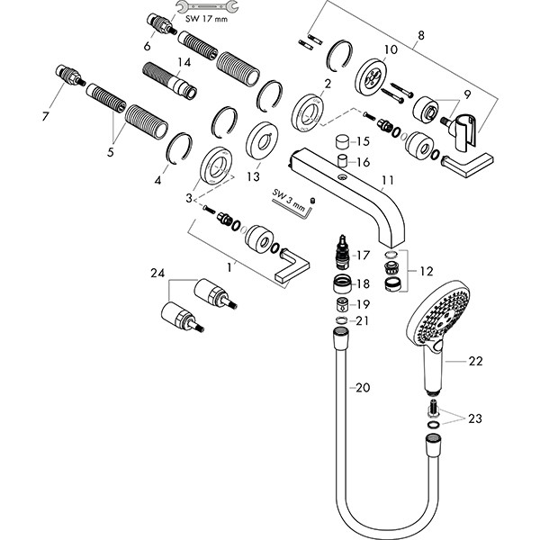 Hansgrohe 3-L.Wannenarmatur Axor Citterio F-Set Wand chrom Hebelgriff/Handbr.ohne Platte