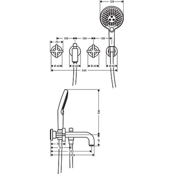 Hansgrohe 3-L.Wannenarmatur Axor Citterio F-Set Wand chrom Kreuzgriff/Handbr.ohne Platte