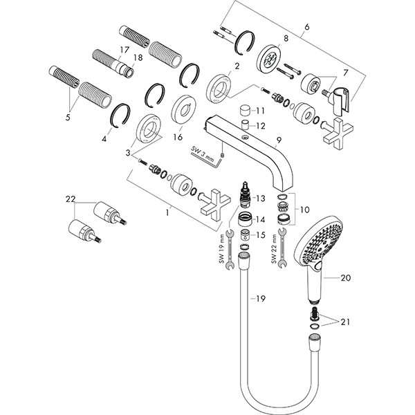 Hansgrohe 3-L.Wannenarmatur Axor Citterio F-Set Wand chrom Kreuzgriff/Handbr.ohne Platte