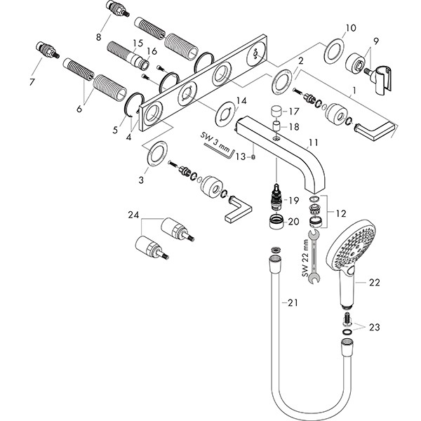 Hansgrohe 3-L.Wannenarmatur Axor Citterio F-Set Wand chrom m.Hebelgriff/Platte u.Handbr.