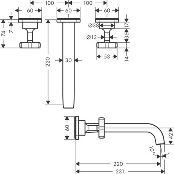 Hansgrohe 3-L.Waschtischarmatur Axor Citterio E Fertigset Wandmontage chrom