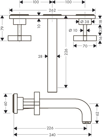 Hansgrohe 3-Loch Waschtischarm.Axor Citterio Wand F-Set lang chrom m.Platte/Kreuzgr.