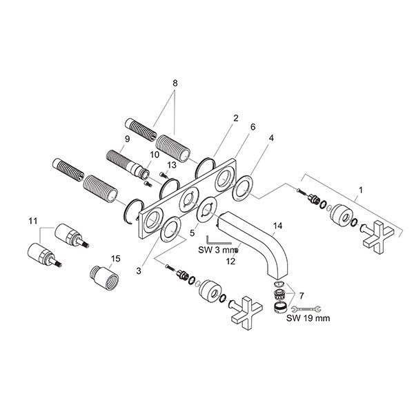 Hansgrohe 3-Loch Waschtischarm.Axor Citterio Wand F-Set lang chrom m.Platte/Kreuzgr.
