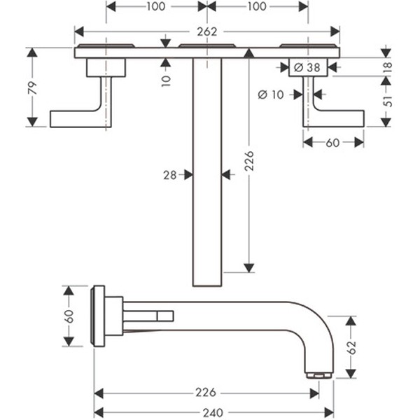 Hansgrohe 3-Loch Waschtischarm.Axor Citterio Wand F-Set lang chrom m.Platte u.Hebelgr