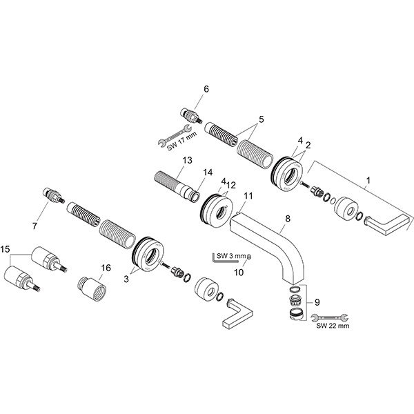 Hansgrohe 3-Loch Waschtischarm.Axor Citterio Wand Fertigset langchrom m.Hebelgriffen