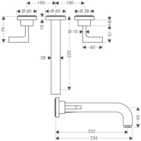 Hansgrohe 3-Loch Waschtischarm.Axor Citterio Wand Fertigset langchrom m.Hebelgriffen