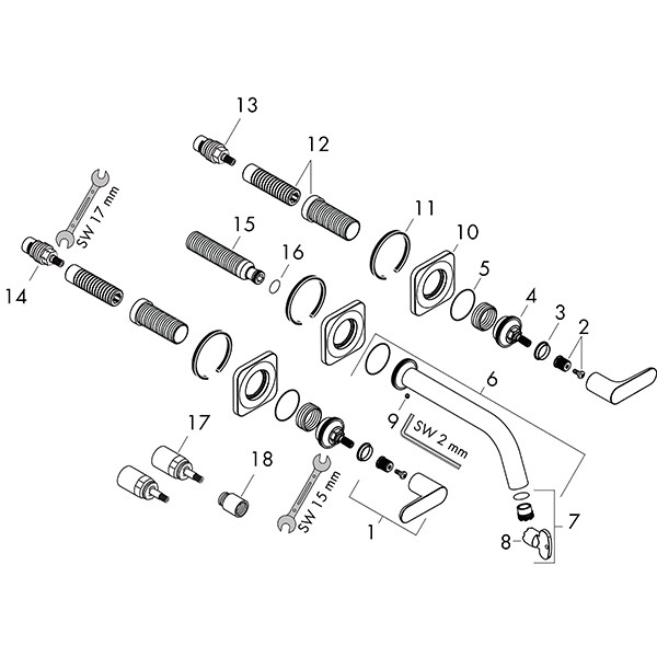 Hansgrohe 3-Loch Waschtischarm.UP Axor Citterio M chrom kurzer Ausl.m.Hebelgr.