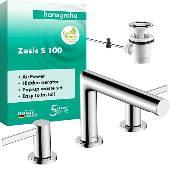 Hansgrohe 3-Loch Waschtischarmatur 100 Zesis S  mit Zugstangen-Ablaufgarnitur chrom