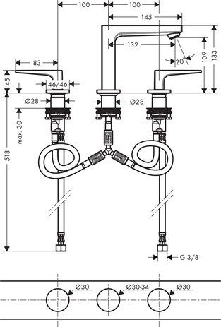 Hansgrohe 3-Loch Waschtischarmatur 110 Metropol chrom mit Push-Open Ablaufgarnitur