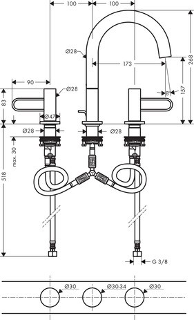 Hansgrohe 3-Loch Waschtischarmatur 200 Axor Uno Bügelgriff chrom