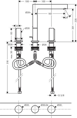Hansgrohe 3-Loch Waschtischarmatur 200 Axor Uno Zerogriff BN
