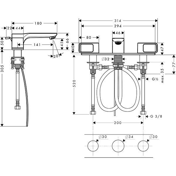 Hansgrohe 3-Loch Waschtischarmatur 50 Axor Urquiola Standmodell chrom mit Platte