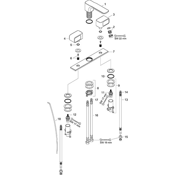 Hansgrohe 3-Loch Waschtischarmatur 50 Axor Urquiola Standmodell chrom mit Platte
