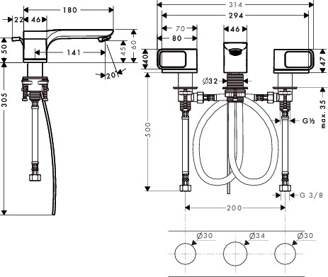Hansgrohe 3-Loch Waschtischarmatur 50 Axor Urquiola Standmodell chrom ohne Platte