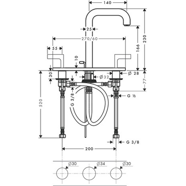 Hansgrohe 3-Loch Waschtischarmatur Axor Citterio chrom m.Platte u.Hebelgriffen