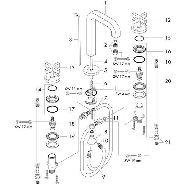 Hansgrohe 3-Loch Waschtischarmatur Axor Citterio chrom mit Kreuzgriffen