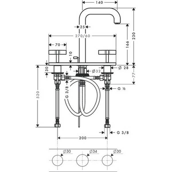 Hansgrohe 3-Loch Waschtischarmatur Axor Citterio chrom mit Platte u.Kreuzgriffen