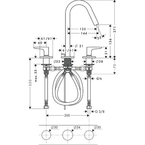 Hansgrohe 3-Loch Waschtischarmatur Axor Citterio M chrom mit Hebelgriffen