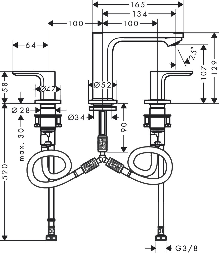 Hansgrohe 3-Loch Waschtischarmatur Rebris S mit Zugstange chrom