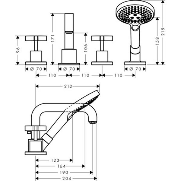Hansgrohe 4-L.Wannenarmatur Axor Citterio F-Set f.Wannenrand chrom m.Kreuzgriff