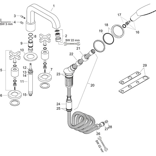 Hansgrohe 4-L.Wannenarmatur Axor Citterio F-Set f.Wannenrand chrom m.Kreuzgriff