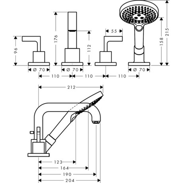 Hansgrohe 4-Loch Wannenarmatur Axor Citterio F-Set f.Fliesenrand chrom mit Hebelgriff