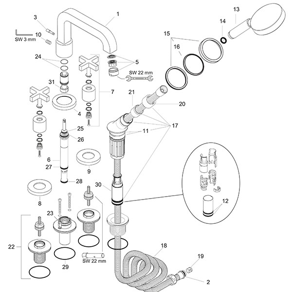 Hansgrohe 4-Loch Wannenarmatur Axor Citterio F-Set f.Fliesenrand chrom mit Kreuzgriff