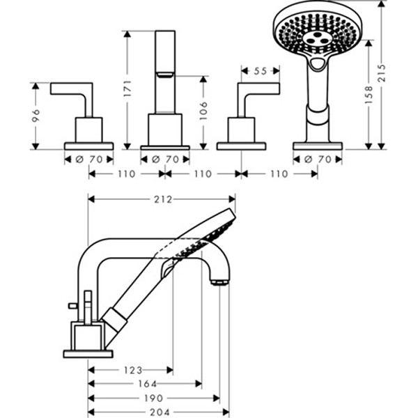 Hansgrohe 4-Loch Wannenarmatur Axor Citterio F-Set f.Wannenrand chrom mit Hebelgriff