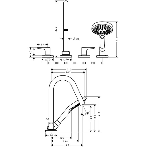 Hansgrohe 4-Loch Wannenarmatur Axor Citterio M F-Set f.Fliesenrand chrom mit Hebelgriff