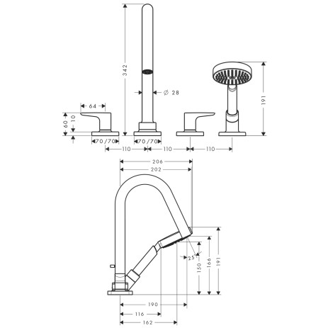 Hansgrohe 4-Loch Wannenarmatur Axor Citterio M F-Set f.Fliesenrand chrom mit Hebelgriff