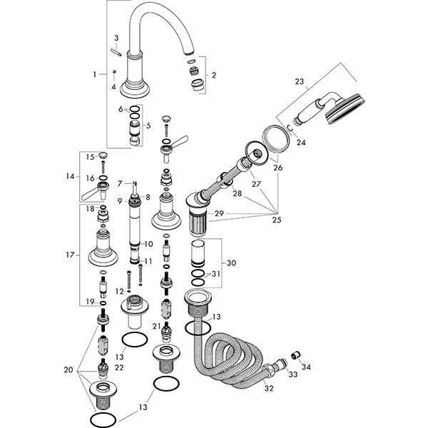 Hansgrohe 4-Loch Wannenarmatur Axor Montreux F-Set f.Fliesenrand chrom m.Hebelgriffen