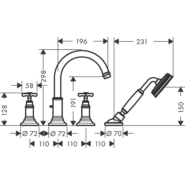 Hansgrohe 4-Loch Wannenarmatur Axor Montreux F-Set f.Fliesenrand chrom m.Kreuzgriffen